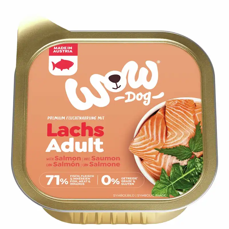 Sparpaket 11 x 150 g Wow Adult Lachs mit Löwenzahn + Brennnessel Hunde Nassfutter Bestseller
